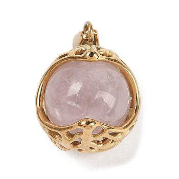 304 Stainless Steel Pendants, with Natural Rose Quartz, Round, 23x17.5~18x17mm, Hole: 7.5x3mm