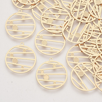 Brass Pendants, Etched Metal Embellishments, Long-Lasting Plated, Flat Round/Planet, Light Gold, 22x20x0.3mm, Hole: 1.2mm