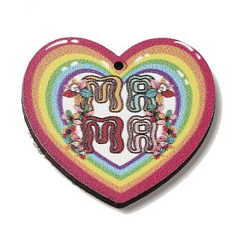 Mother's Day Theme Wooden Pendants, Rainbow, 39x42.5x2.5mm, Hole: 1.6mm