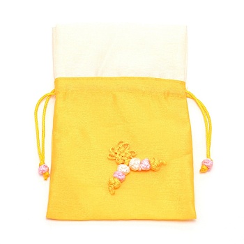 Polyester with Silk Pouches, Drawstring Bag, Rectangle with Knot, Gold, 15x9.8~10x0.4cm