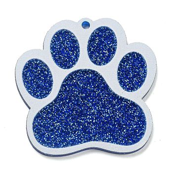 Opaque Acrylic Pendants, with Glitter Powders, Cat Paw Print, Royal Blue, 38.5x38.5x2.5mm, Hole: 2mm