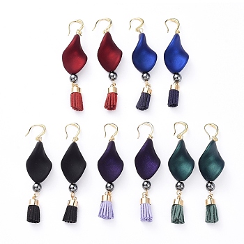 Rubberized Style Acrylic Dangle Earrings, with Brass Suede Cord Tassel Pendants, Non-Magnetic Synthetic Hematite Round Beads and Brass Earring Hooks, Twist, Mixed Color, 71mm, Pin: 0.8mm