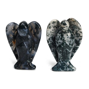 Natural Moss Agate Carved Angel Figurines, Feng Shui Energy Stone Gift for Home Office Desktop Decoration, 35~38x18.5~20x50~53mm