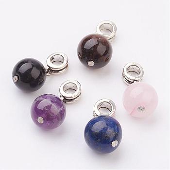Alloy European Dangle Charms, Round, Large Hole Pendants, with Natural Mixed Stone Beads, Antique Silver, 25mm, Hole: 4.5mm