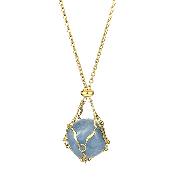 Crystal Cage Holder Necklace, Adjustable Brass Macrame Pouch Empty Stone Holder for Pendant Necklaces Making, with 304 Stainless Steel Bar Link Chain, Golden, 19-1/2 inch(49.4cm), Pouch: 41mm