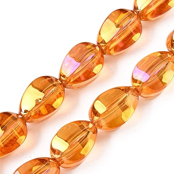 Electroplate Glass Beads Strands, Teardrop Shape, Orange, 15x11.5~12x10~10.5mm, Hole: 1.2mm, about 39~40pcs/strand, 23.62~23.94 inch(60~60.8cm)