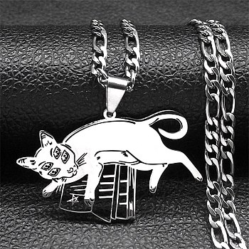 Non-Tarnish 304 Stainless Steel Necklaces, Cat with Book Pendant Necklaces, Stainless Steel Color, 21.57 inch(54.8cm)