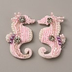 Cloth Sew on Patches, Seed Beads Beading Appliques, Costume Accessories, with Rhinestone, Sea Horse, Pink, 56x32.5x7.5mm(DIY-WH0002-18)