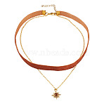 Alloy Resin Sun Pendant Single Face Dark Red Velvet Ribbon & Brass Chain Double Layered Choker Necklaces, Golden, 13.78 inch(35cm)(NJEW-TAC0039)