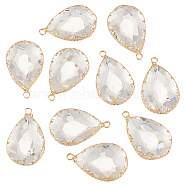 10Pcs Clear Glass Pendants, with Brass Findings, Faceted, Teardrop, Real 18K Gold Plated, 29.5x18.5x7mm, Hole: 2mm(KK-BC0010-76)