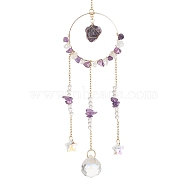 Glass Teardrop & Star Pendant Decoration, with Natural Amethyst & Quartz Crystal Bead and 304 Stainless Steel Cable Chains, 260x62mm(HJEW-JM01185)