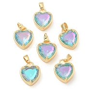 K9 Glass Pendants, with Golden Tone Brass Findings, Faceted, Heart Charms, Aquamarine, 18x15x7.7mm, Hole: 5x3mm(FIND-C036-01G-02)