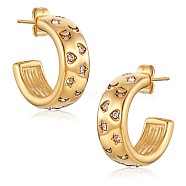 Clear Cubic Zirconia Moon Star Heart Stud Earrings, 430 Stainless Steel Half Hoop Earrings for Women, Golden, 20x7mm, Pin: 1mm(JE940A)