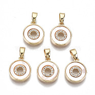 Natural Sea Shell Charms, with Brass Snap On Bails and Clear Cubic Zirconia, Nickel Free, Flat Round, Real 18K Gold Plated, 13x11x2mm, Hole: 2.5x3mm(KK-S354-258-NF)