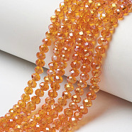 Electroplate Transparent Glass Beads Strands, Half Rainbow Plated, Faceted, Rondelle, Orange, 6x5mm, Hole: 1mm, about 85~88pcs/strand, 16.1~16.5 inch(41~42cm)(EGLA-A034-T6mm-H12)