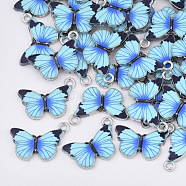 Printed Alloy Pendants, with Enamel, Butterfly, Platinum, Dodger Blue, 13.5x20x2mm, Hole: 1.6mm(PALLOY-R111-16A)
