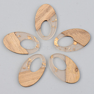 Transparent Resin & Walnut Wood Pendants, with Gold Foil, Oval, Clear, 35.5x21.5x3mm, Hole: 16x10mm(RESI-S389-005A-B05)