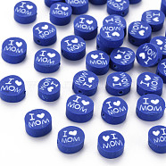 Handmade Polymer Clay Beads, Mother's Day Theme, Flat Round with Word I Love MOM, Blue, 8~9.5x3.5~4.5mm, Hole: 1.5mm(CLAY-T019-11C)
