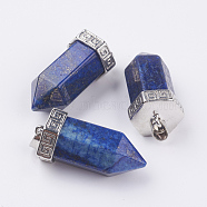 Natural Lapis Lazuli Pointed Pendants, with Brass Finding, Bullet, Platinum, 39x18mm, Hole: 4.5x5.5mm(G-E442-03O)