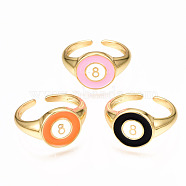 Brass Enamel Cuff Rings, Open Rings, Nickel Free, Flat Round with Number 8, Real 16K Gold Plated, Mixed Color, US Size 6 3/4(17.1mm)(RJEW-N035-024-NF)