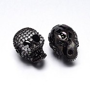 Brass Micro Pave Cubic Zirconia Skull Beads, Lead Free & Cadmium Free & Nickel Free, Clear, Gunmetal, 17x12x12.5mm, Hole: 1.8mm(ZIRC-M069-19B-NR)