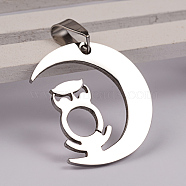 Moon with Owl 201 Stainless Steel Pendants, Stainless Steel Color, 32x28x1.5mm, Hole: 4x9mm(X-STAS-D130-23)