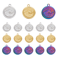 18Pcs 3 Colors 201 Stainless Steel Pendants, Flat Round with Spindrift, Mixed Color, 24x20.5x2mm, Hole: 2.5mm, 6pcs/color(STAS-DC0013-43)