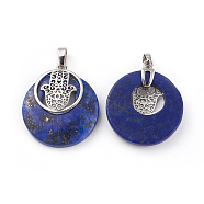 Natural Lapis Lazuli Pendants, with Platinum Tone Brass Findings, Flat Round with Hamsa Hand/Hand of Fatima/Hand of Miriam, 32~32.5x28x7~7.5mm, Hole: 5x8mm(KK-F751-K-A08)