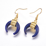 Natural Lapis Lazuli Dangle Earrings, with Brass Findings, Double Horn Shaped/Crescent Moon, Golden, Dyed, 41mm, Pin: 0.5mm, Pendant: 23x20x9mm(EJEW-L189-C01-G)