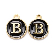 Golden Plated Alloy Charms, Cadmium Free & Lead Free, with Enamel, Enamelled Sequins, Flat Round with Letter, Black, Letter.B, 14x12x2mm, Hole: 1.5mm(X-ENAM-S118-02B)