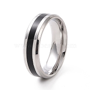 Black Enamel Grooved Line Finger Ring, 201 Stainless Steel Jewelry for Women, Stainless Steel Color, 6mm, Inner Diameter: 17mm(RJEW-I089-24B)