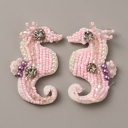 Cloth Sew on Patches, Seed Beads Beading Appliques, Costume Accessories, with Rhinestone, Sea Horse, Pink, 56x32.5x7.5mm(DIY-WH0002-18)