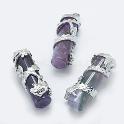 Natural Amethyst Pendants, with Brass Findings, Column with Dragon, Platinum, 40.5~41.5x14x15mm, Hole: 3.5x5mm(G-O163-E11)