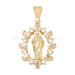 Religion Brass Pave Cubic Zirconia Pendants, with Enamel, Oval with Saint Jude Charms, Lead Free & Cadmium Free, Long-Lasting Plated, Rack Plating, Real 18K Gold Plated, Clear, 36mm, Pendant: 29x20x4mm, Hole: 5.5x3mm(CU-CBA83A6-01A-G04)