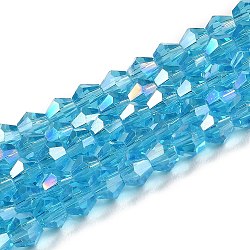 Transparent Electroplate Glass Beads Strands, AB Color Plated, Faceted, Bicone, Deep Sky Blue, 4x4mm, Hole: 0.8mm, about 82~85pcs/strand, 12.01~12.2 inch(30.5~31cm)(EGLA-A039-T4mm-B19)