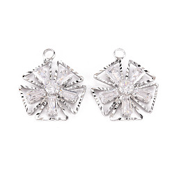 Brass Micro Pave Clear Cubic Zirconia Pendants, Flower, Platinum, 21x18x4.5mm, Hole: 2mm(KK-Q253-008P-B)