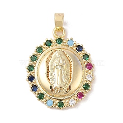 Brass Clear Cubic Zirconia Pendants, Long-Lasting Plated, Flat Round with Holy Virgin Charms, Golden, Colorful, 32x26x5mm, Hole: 5x3mm(KK-Z050-15G-02)