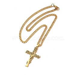 304 Stainless Steel Cross with Tree of Life Pendant Necklaces, Curb Chain Necklace with Lobster Clasps, Golden, 17-3/4 inch(45cm)(NJEW-M197-03G)