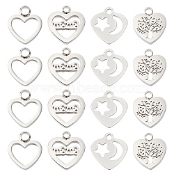 DICOSMETIC 16Pcs 4 Style 304 Stainless Steel Charms, Laser Cut, Heart, Stainless Steel Color, 12~13x11~12x0.8~1.5mm, hole: 1.4~1.8mm,  4pcs/style(STAS-DC0005-46)
