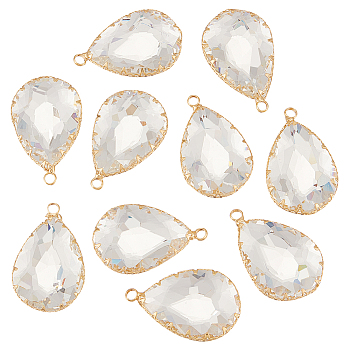 10Pcs Clear Glass Pendants, with Brass Findings, Faceted, Teardrop, Real 18K Gold Plated, 29.5x18.5x7mm, Hole: 2mm