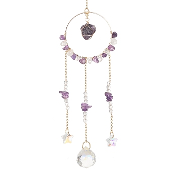 Glass Teardrop & Star Pendant Decoration, with Natural Amethyst & Quartz Crystal Bead and 304 Stainless Steel Cable Chains, 260x62mm