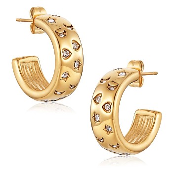 Clear Cubic Zirconia Moon Star Heart Stud Earrings, 430 Stainless Steel Half Hoop Earrings for Women, Golden, 20x7mm, Pin: 1mm