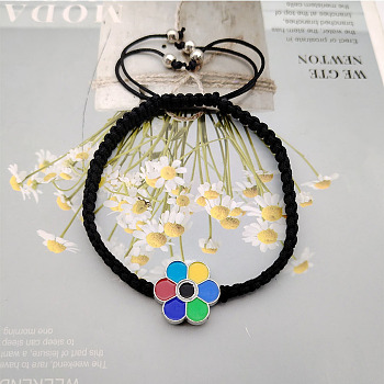 Rainbow Enamel Flower Rope Braided Bead Bracelets, Vintage Style Black Rope Chain Stretchable