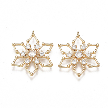 Brass Filigree Pendants, Nickel Free, Real 18K Gold Plated, with Cubic Zirconia, Snowflake, Clear, 21.5x17.5x2.5mm, Hole: 0.9mm
