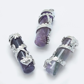 Natural Amethyst Pendants, with Brass Findings, Column with Dragon, Platinum, 40.5~41.5x14x15mm, Hole: 3.5x5mm