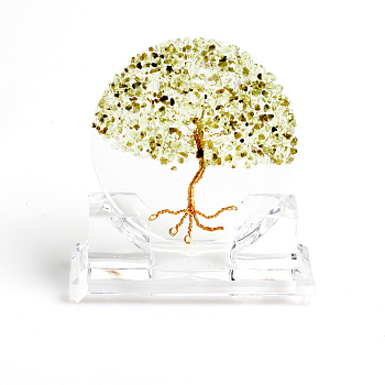 Resin Tree of Life Home Display Decorations, with Natural Peridot Chips Inside Ornaments, 130x110mm