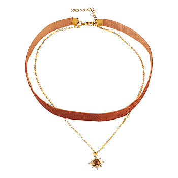 Alloy Resin Sun Pendant Single Face Dark Red Velvet Ribbon & Brass Chain Double Layered Choker Necklaces, Golden, 13.78 inch(35cm)