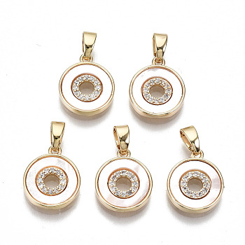 Natural Sea Shell Charms, with Brass Snap On Bails and Clear Cubic Zirconia, Nickel Free, Flat Round, Real 18K Gold Plated, 13x11x2mm, Hole: 2.5x3mm