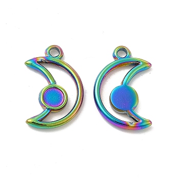 Ion Plating(IP) 304 Stainless Steel Pendants Cabochon Settings, Moon with Round Tray, Rainbow Color, 18x11x2mm, Hole: 1.6mm, Tray: 4mm