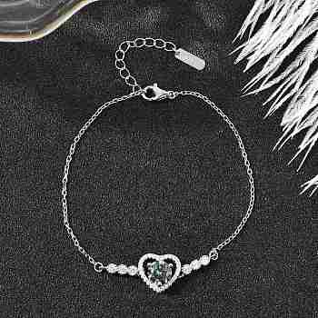 925 Sterling Silver Link Bracelets, Cable Chain Bracelets for Women, Heart, with Moissanite Rhinestone, Real Platinum Plated, 6-3/4 inch(17.2cm)